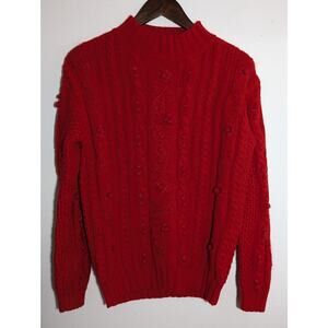 Vtg Gina Peters Sweater Women's SMALL Ramie Cable Knit Pom Poms Retro Y2K 90s